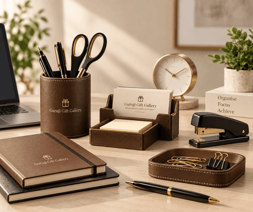 Brown leather desk organiser set with pen stand, card holder, notebook, stapler and tray