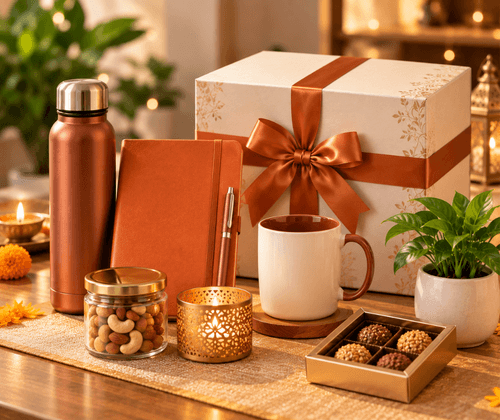 Festive hamper with copper flask, diary, mug, nuts jar and chocolate box