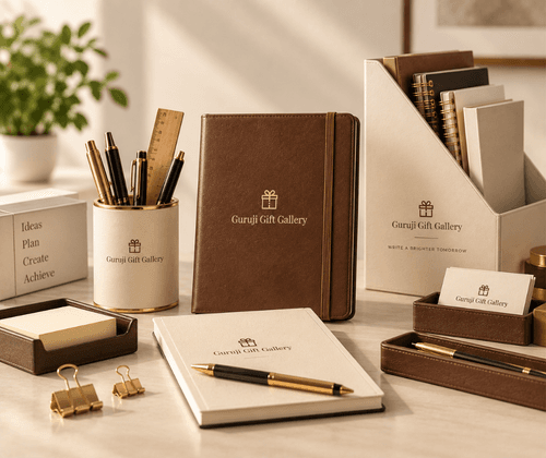 Premium stationery set with leather diary, notebook, pen stand and file organiser