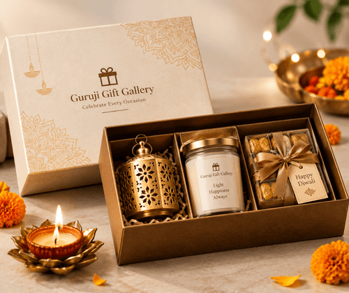 Diwali gift box with brass lantern, scented candle and sweets beside a lit diya