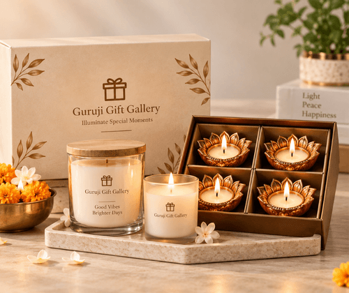 Candle and diya gift set with jar candles and four lotus diyas in a gift box