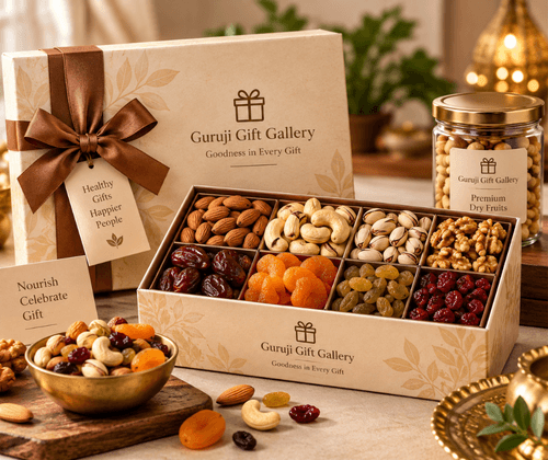 Open gift box of assorted dry fruits with almonds, cashews, pistachios, walnuts and dates