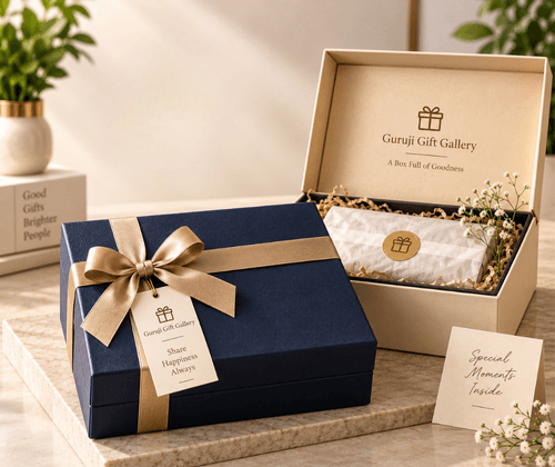 Navy premium gift box with satin ribbon and an open box with tissue lining