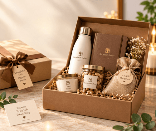 Kraft gift hamper with flask, diary, roasted nuts jar, candle and jute potli