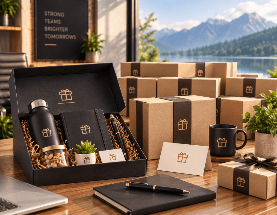 Black corporate gift box with flask, diary and pen beside stacked branded kraft gift boxes