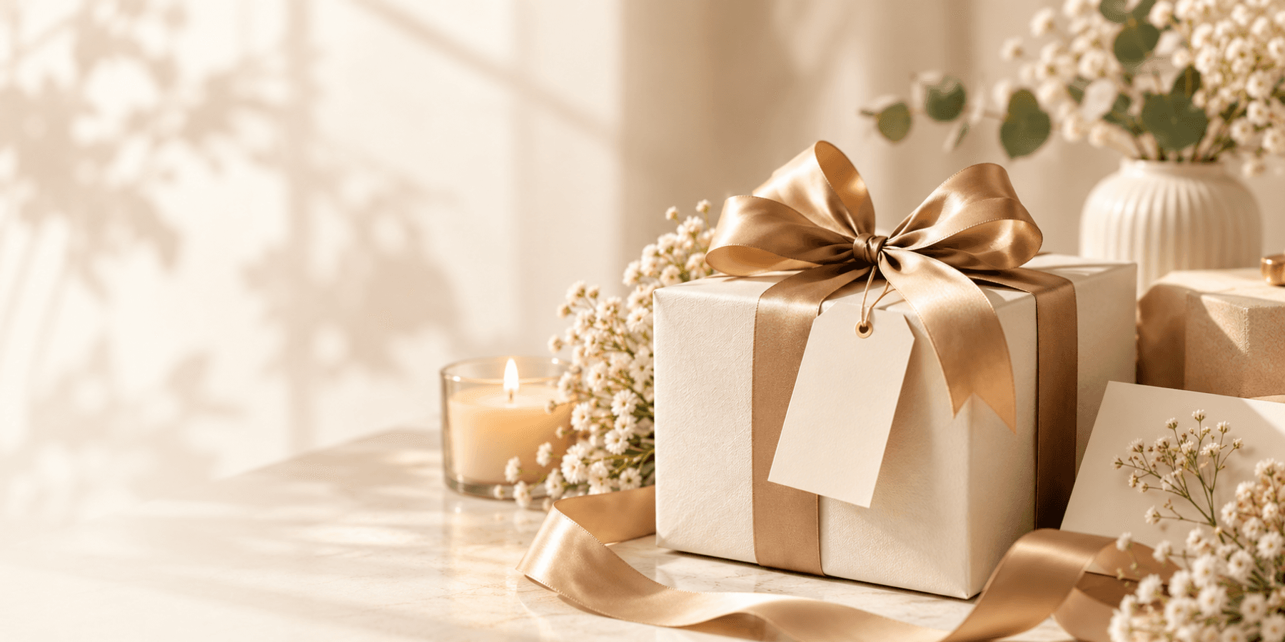 Cream gift box tied with a satin ribbon beside a candle and white flowers